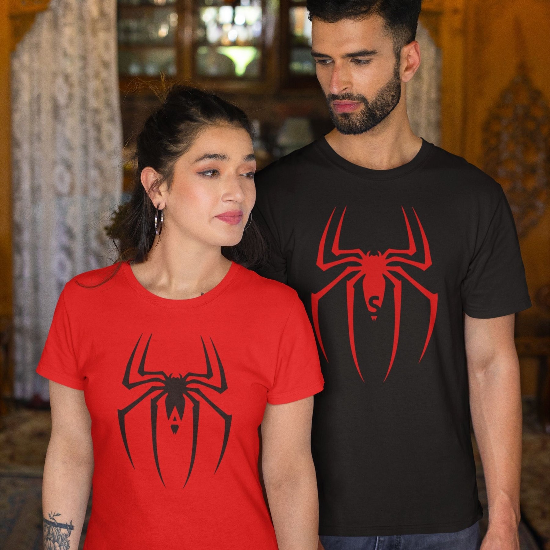 personalized-spider-initials-black-and-red-cotton-couple-tshirts-gogirgit-com