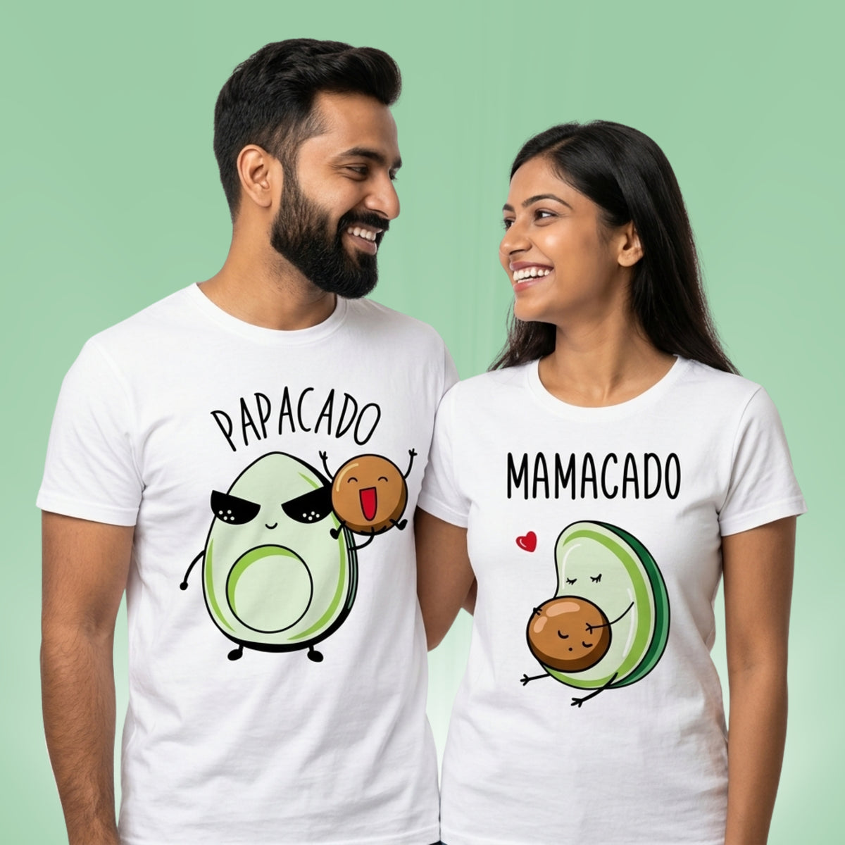Mamacado Papacado baby announcement couple t-shirts — Indian couple standing together in white matching tees