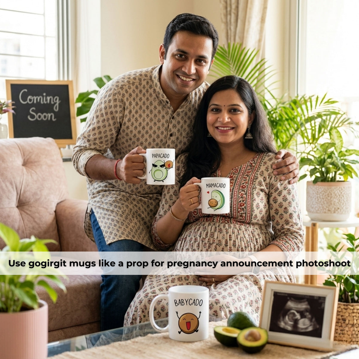 Pregnancy announcement couple holding Mamacado and Papacado mugs with Babycado mug and ultrasound frame