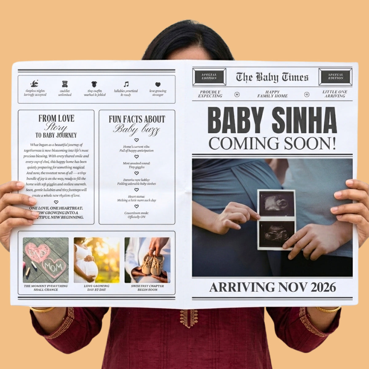 baby coming soon personalised newspaper pregnancy announcement prop
