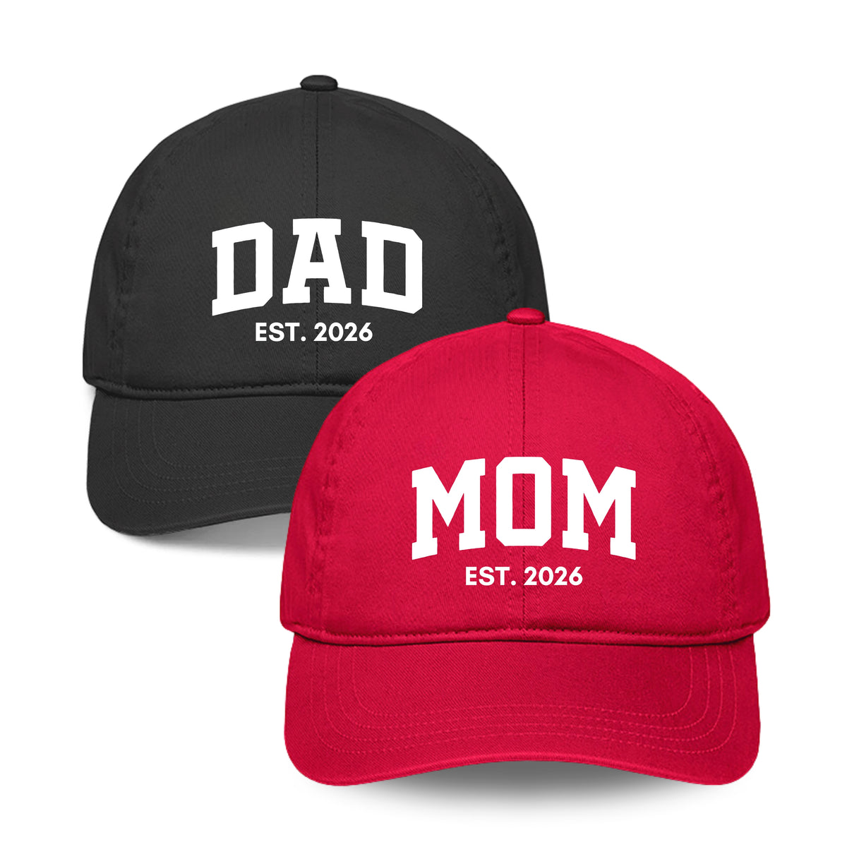 Black cap with 'DAD EST. 2026' and red cap with 'MOM EST. 2026' on a white background