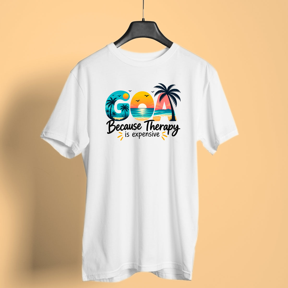 GOA Because Therapy Is Expensive cotton T-shirt with tropical sunset graphic for Goa trips and group vacations