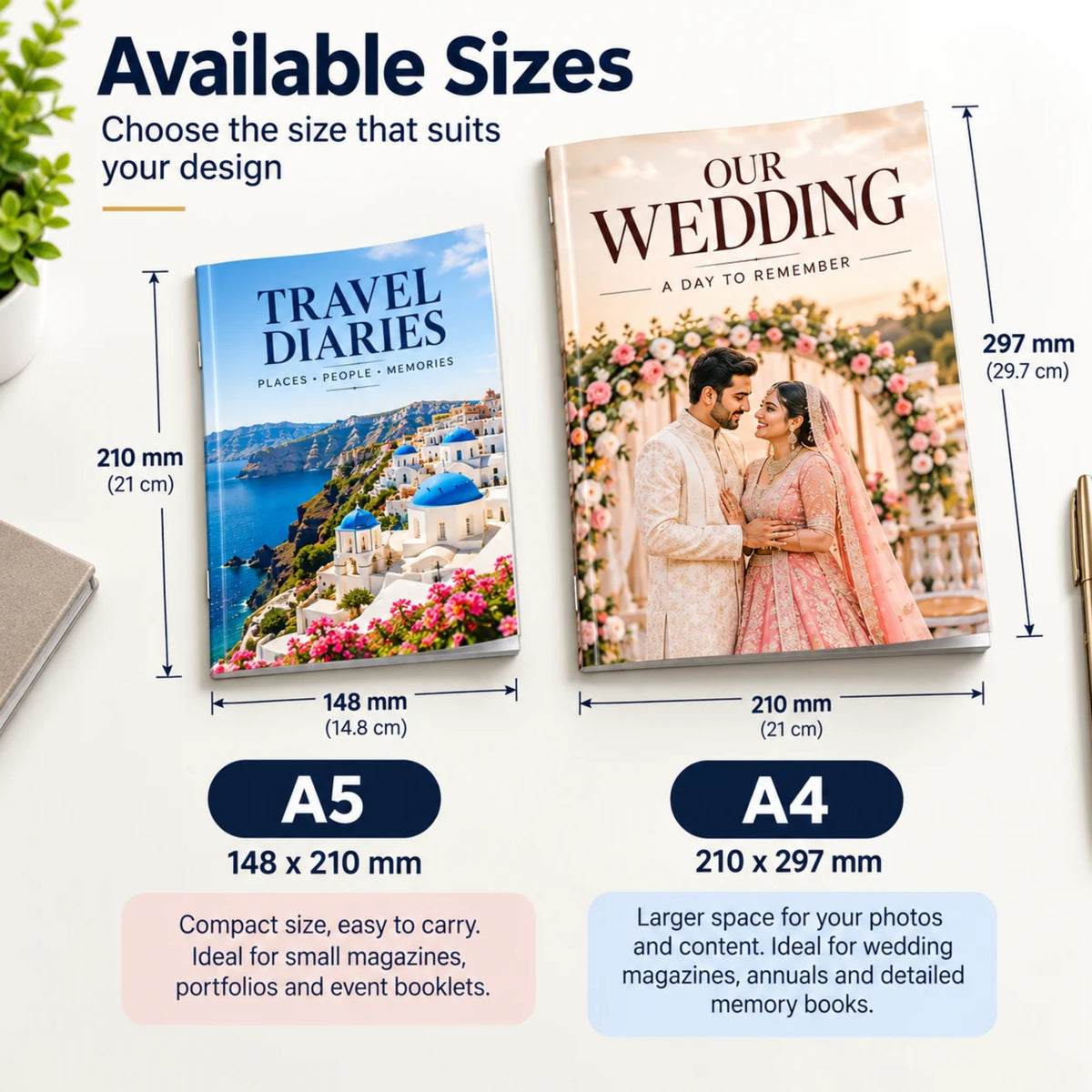 Custom magazine printing in A5 and A4 sizes with dimensions 148 × 210 mm and 210 × 297 mm