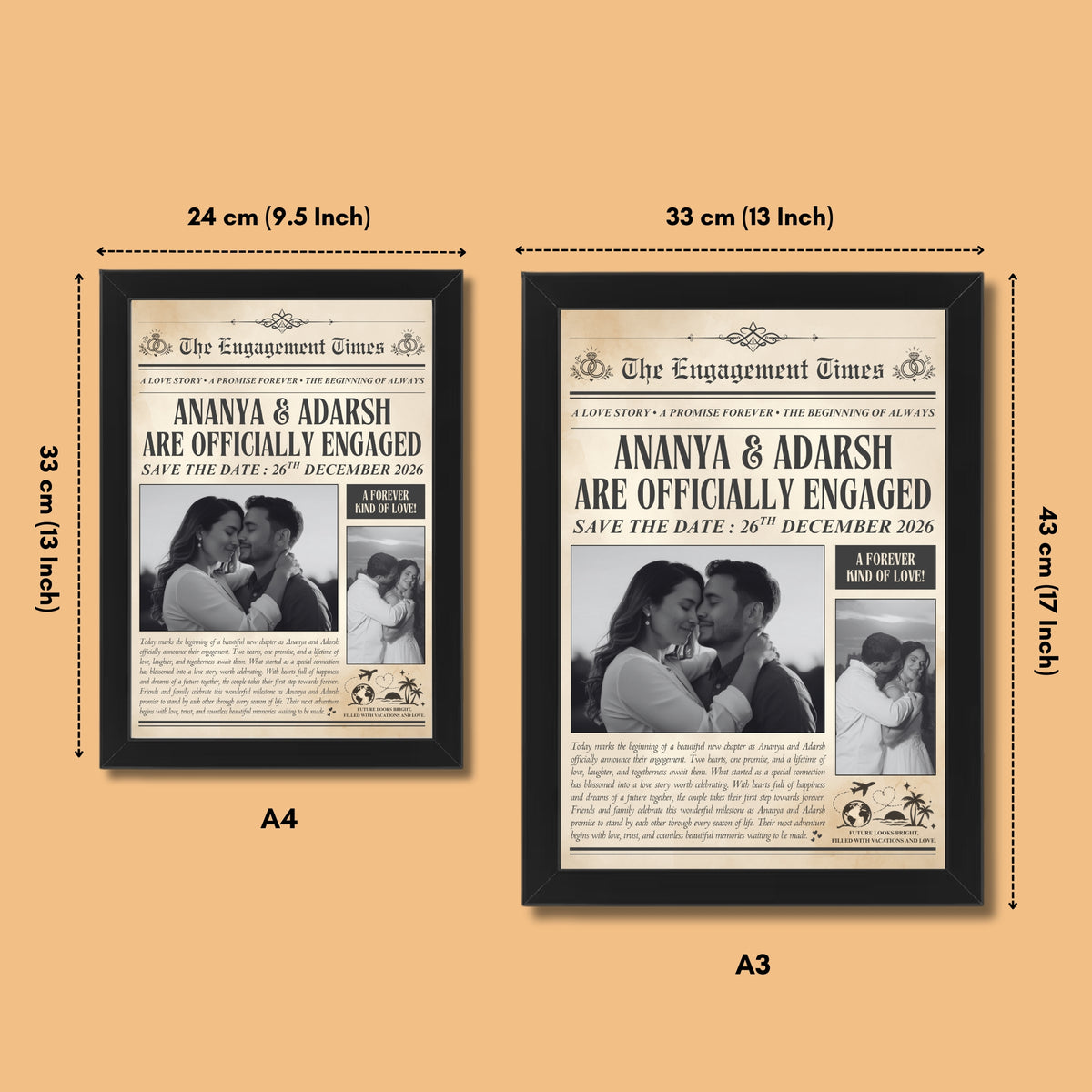 Personalised engagement newspaper frame The Engagement Times in A4 and A3 sizes with dimensions