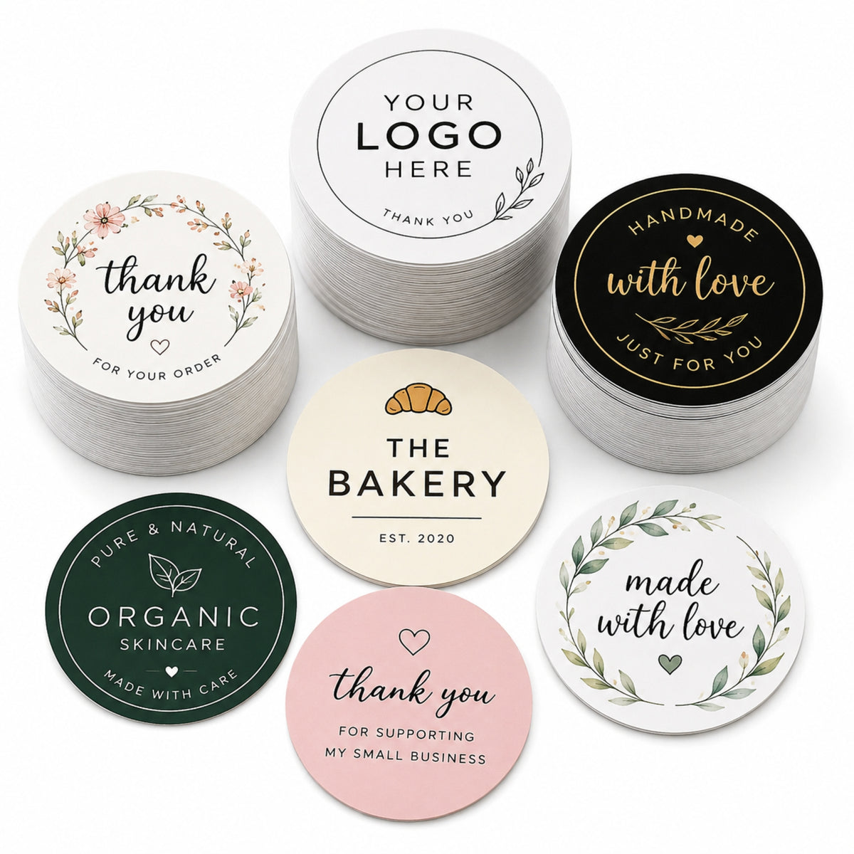 Custom round stickers in various designs including logo, bakery, thank you and personalised stickers