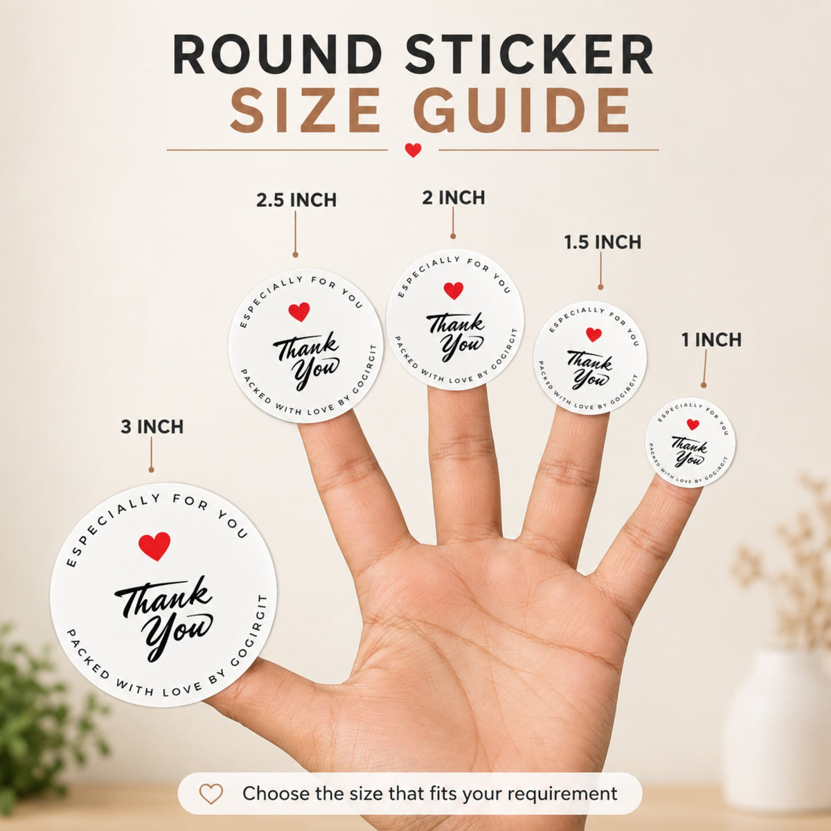 Custom round sticker size guide showing 1 inch, 1.5 inch, 2 inch, 2.5 inch and 3 inch sizes