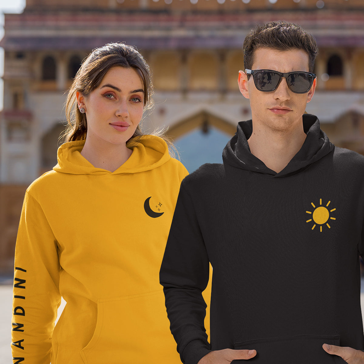 Sun-Moon-Personalised-Name-On-Sleeve-Black-Golden-Yellow-Couple-Hoodies-Gogirgit-Closeup