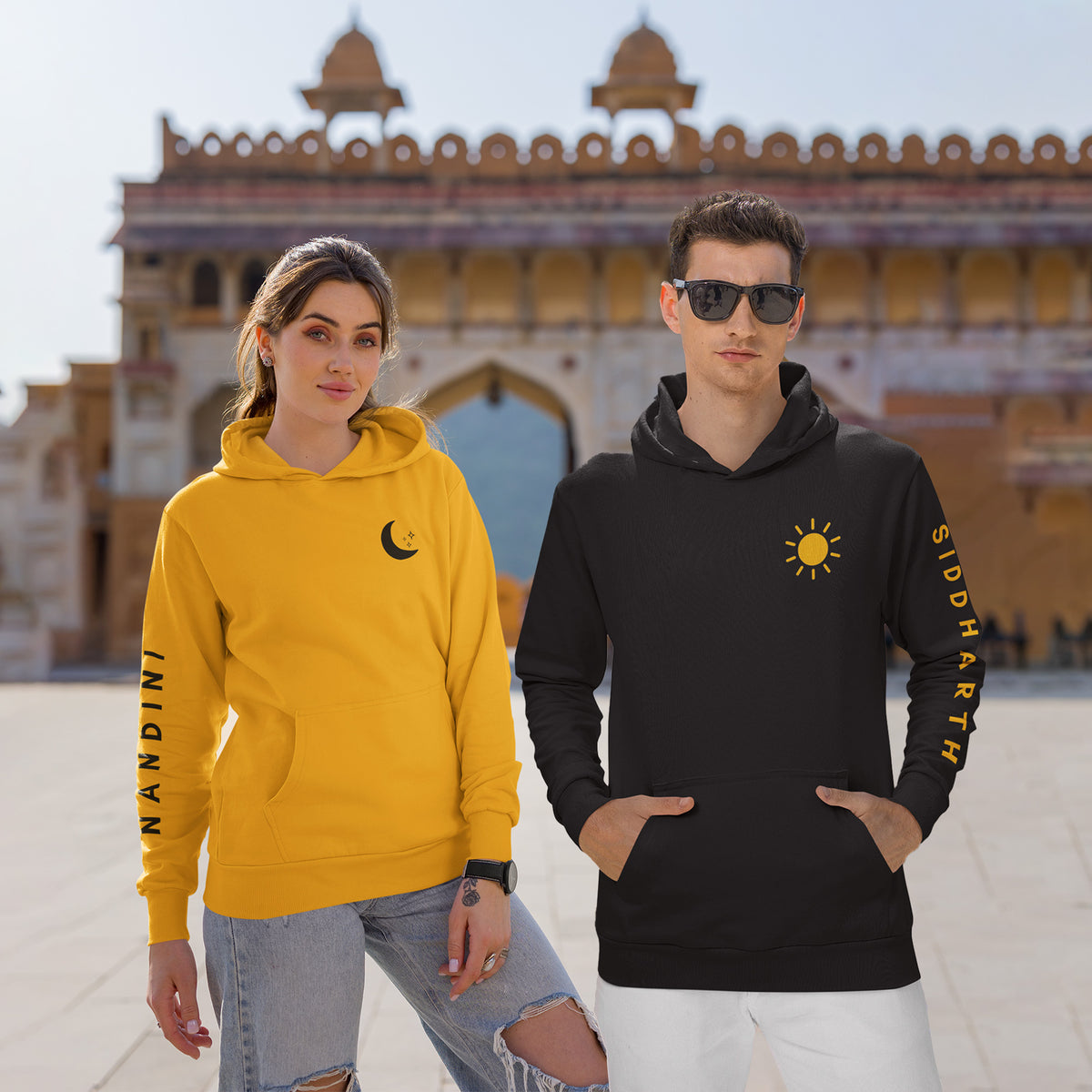 Sun-Moon-Personalised-Name-On-Sleeve-Black-Golden-Yellow-Couple-Hoodies-Gogirgit