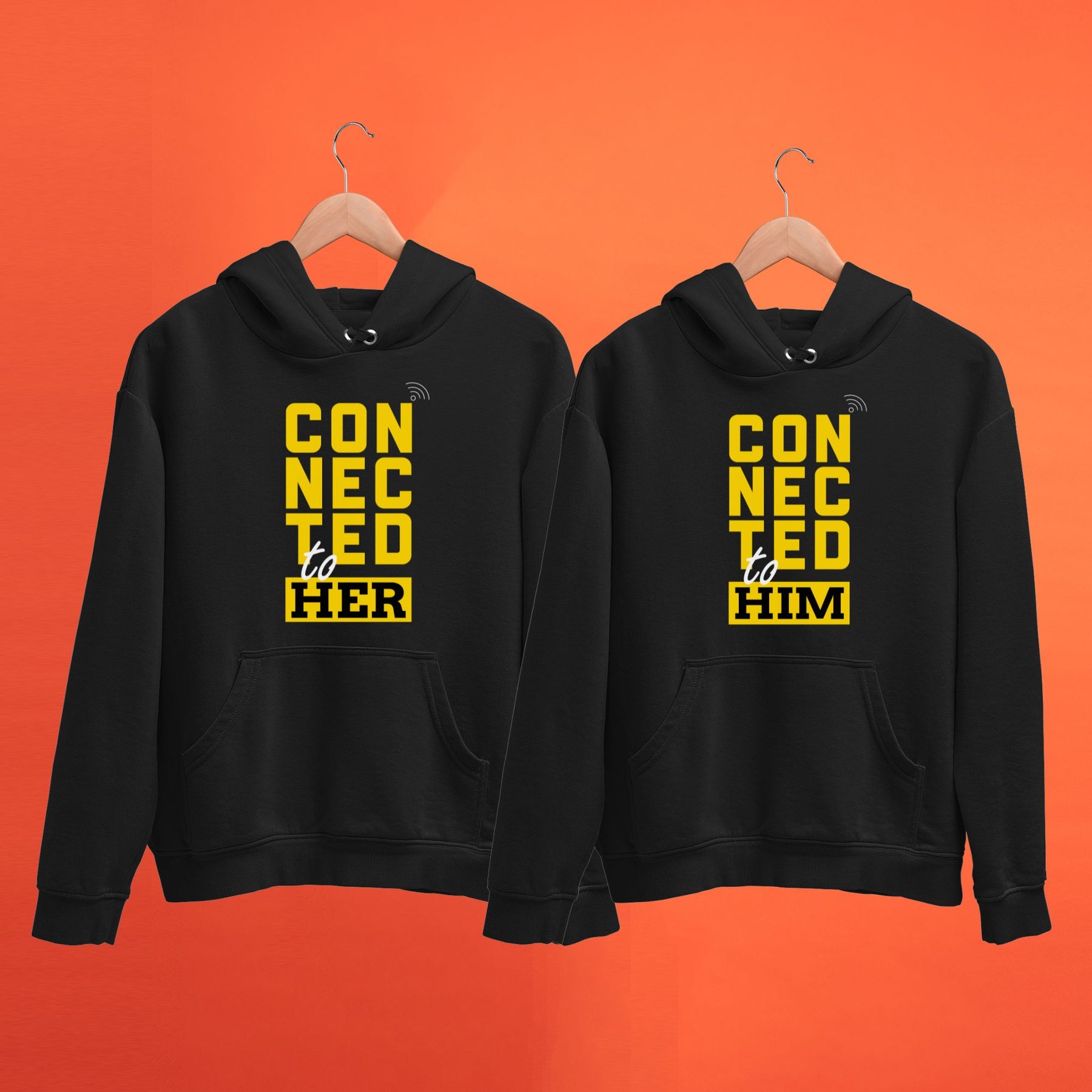Connected To Her/Him Black Couple Hoodies