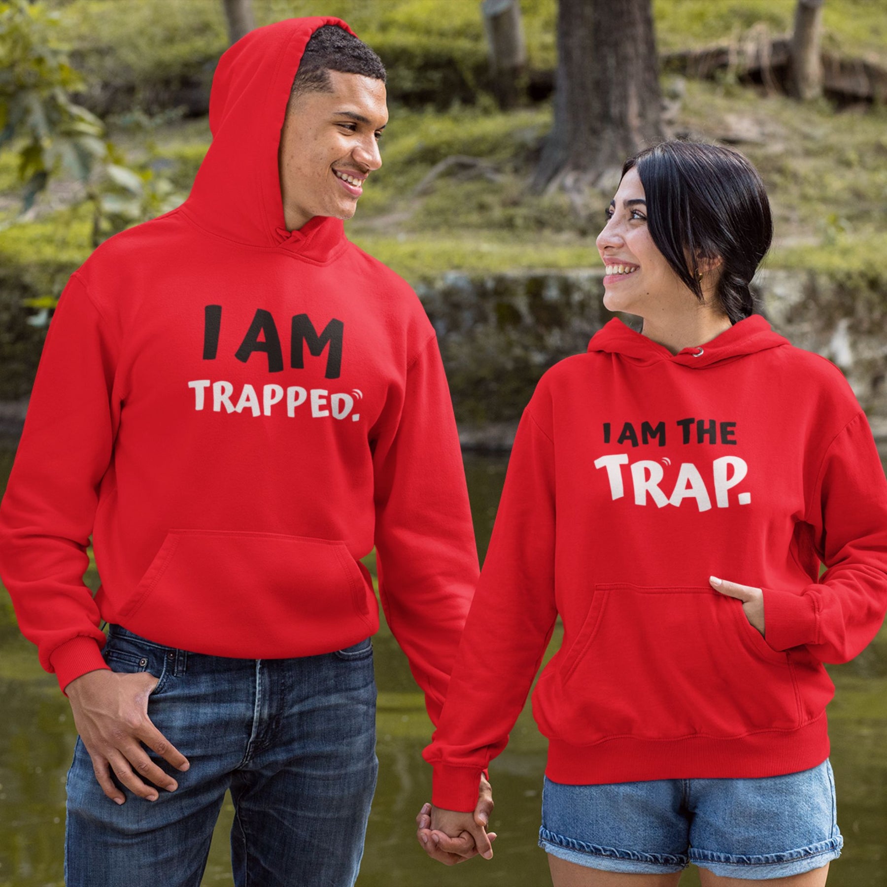 I am trapped red couple hoodies