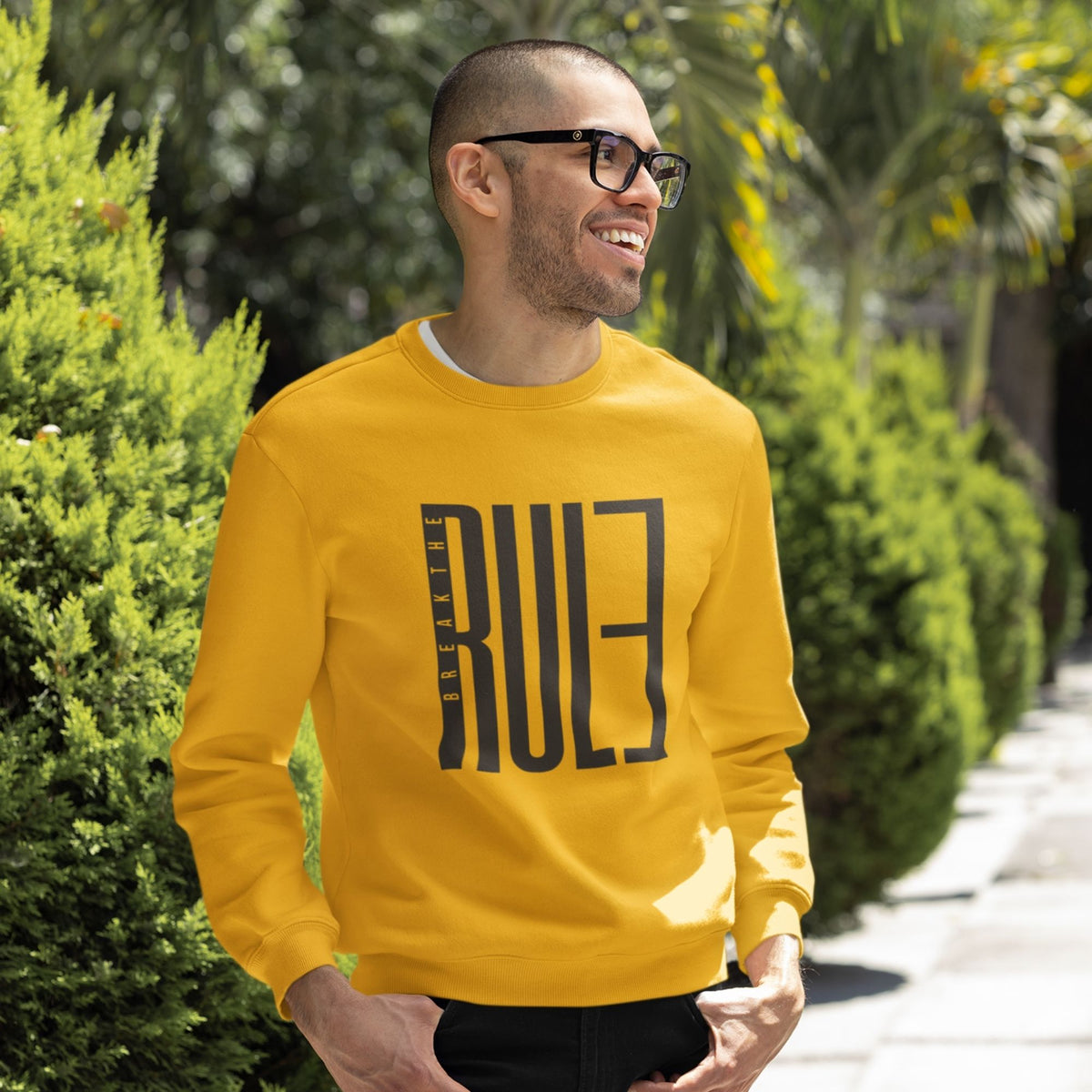 break-the-rule-cotton-printed-unisex-golden-yellow-men-model-sweatshirt-gogirgit-com