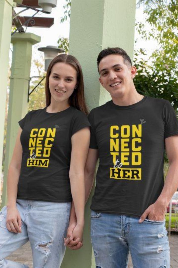 Connected To Her/Him Black Couple Tshirts