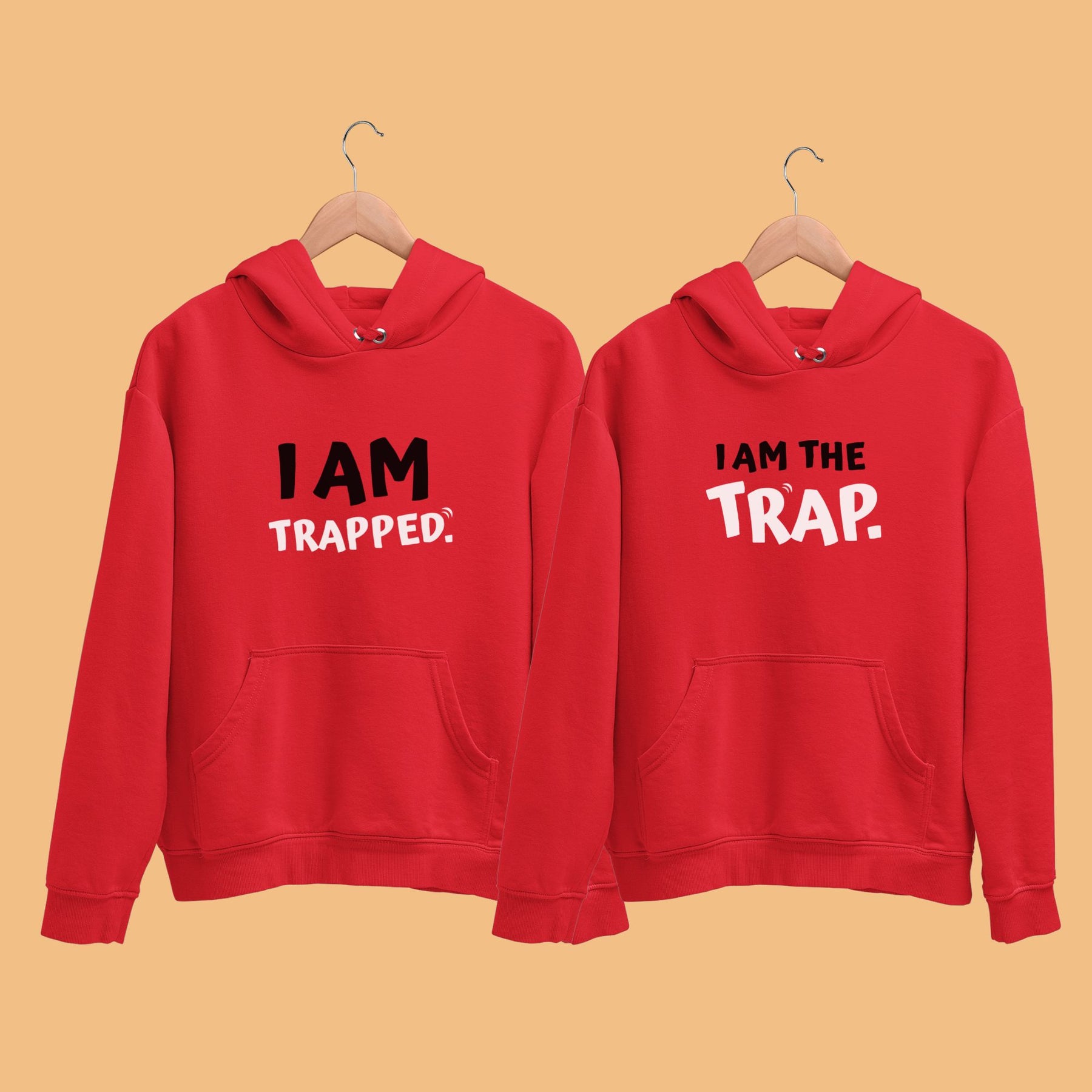 I am trapped red couple hoodies