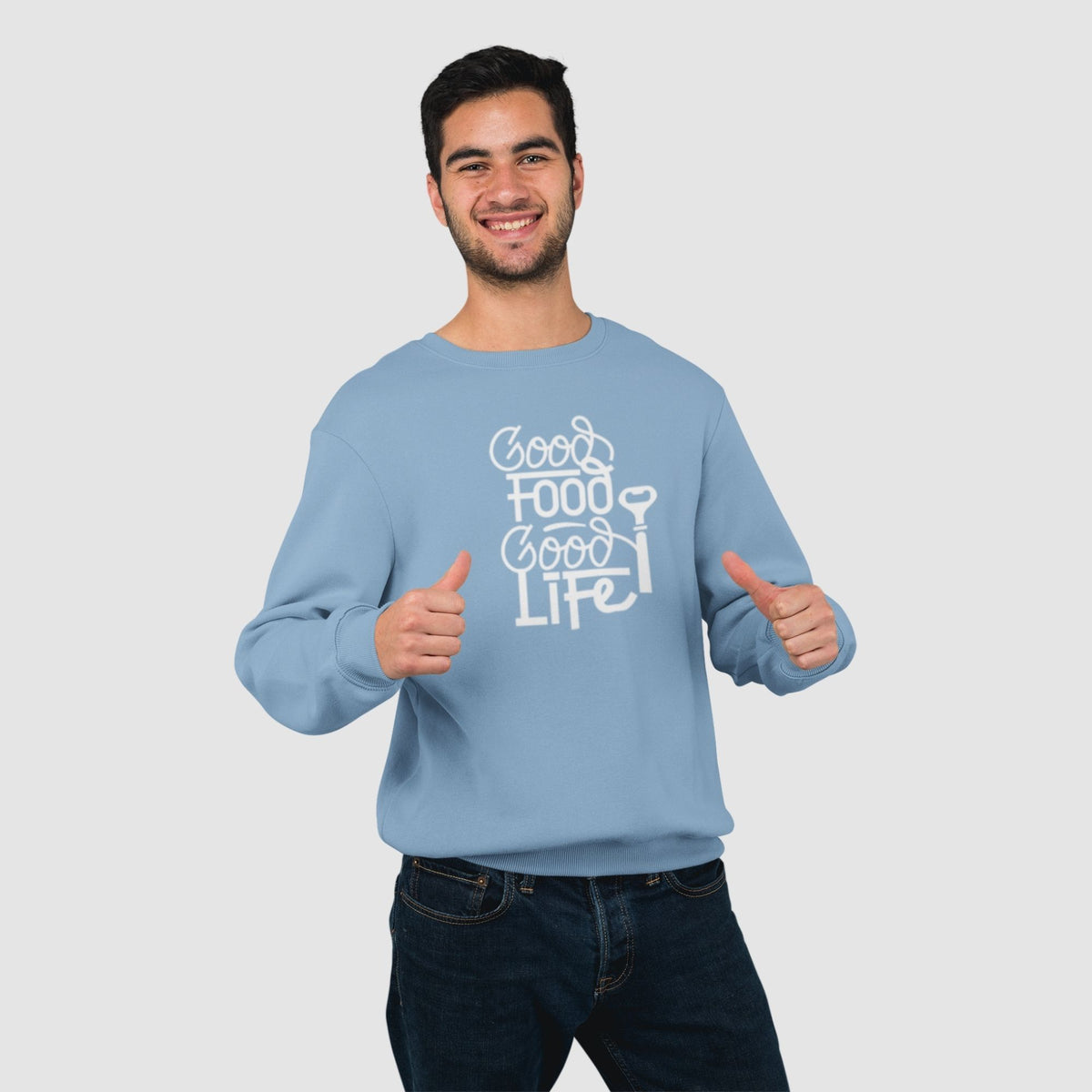 good-food-good-life-cotton-printed-unisex-light-blue-men-model-sweatshirt-gogirgit-com