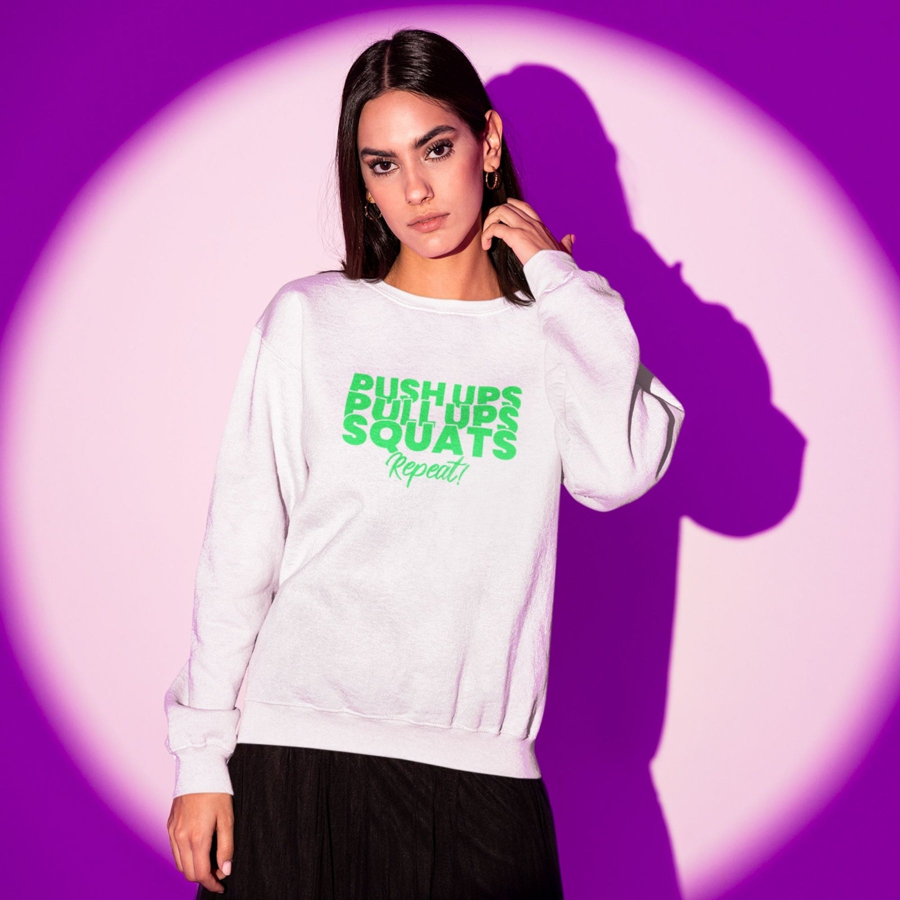 push-ups-squats-cotton-printed-unisex-white-female-model-sweatshirt-gogirgit-com
