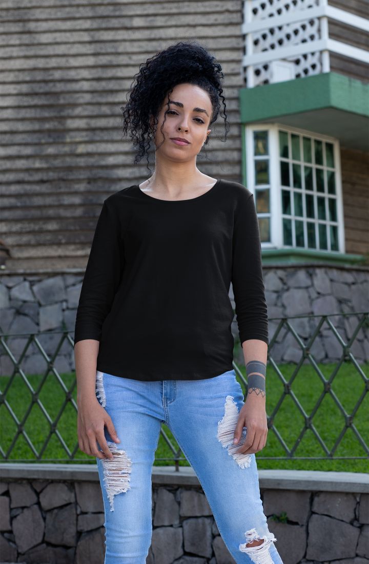 Black 3/4 sleeve Women Black T-shirt - GOGIRGIT.COM