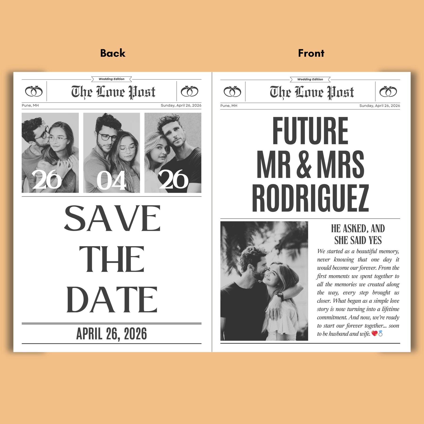 Personalised Wedding Newspaper Custom Wedding Announcement Prop Front Back