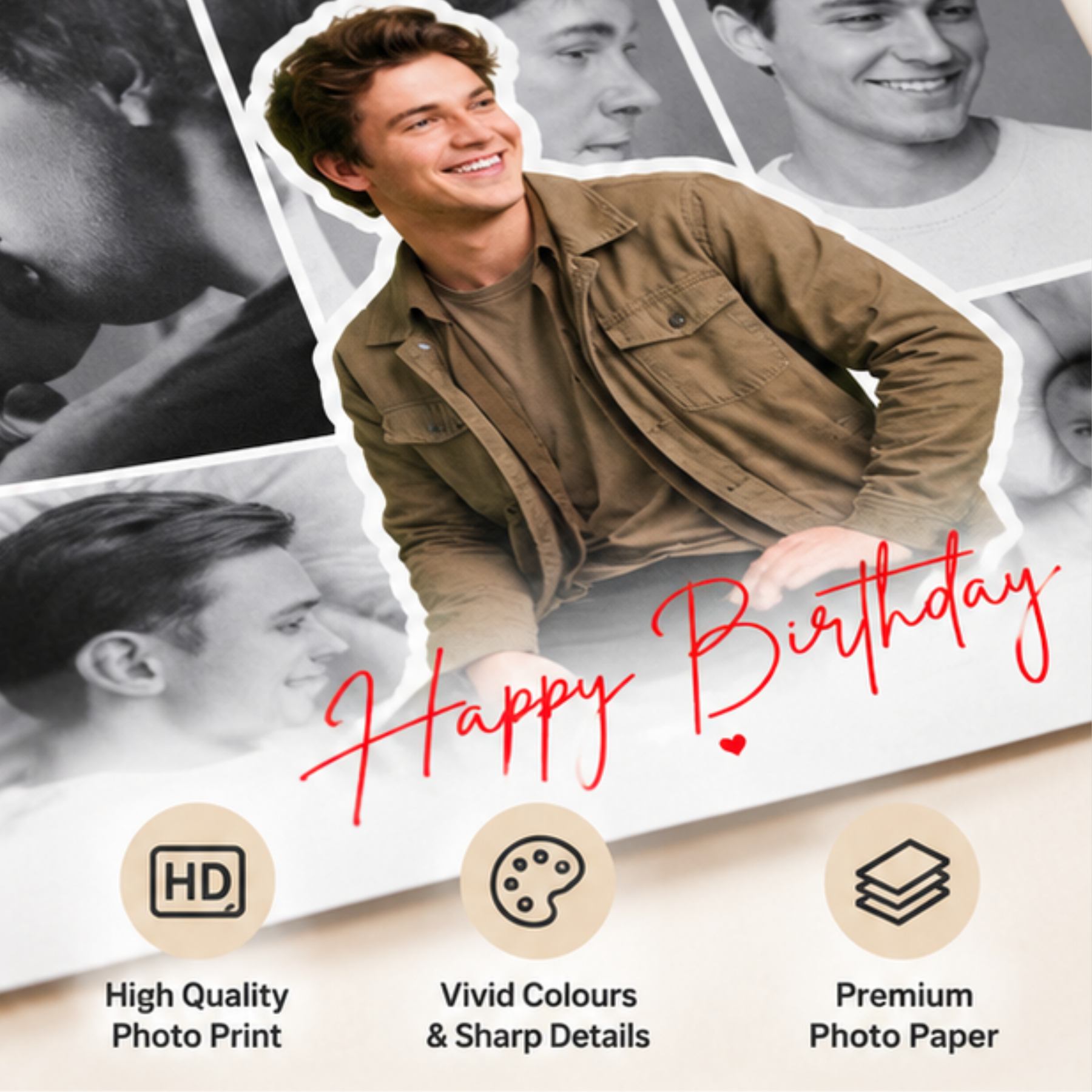 Close up of custom photo collage poster with Happy Birthday text