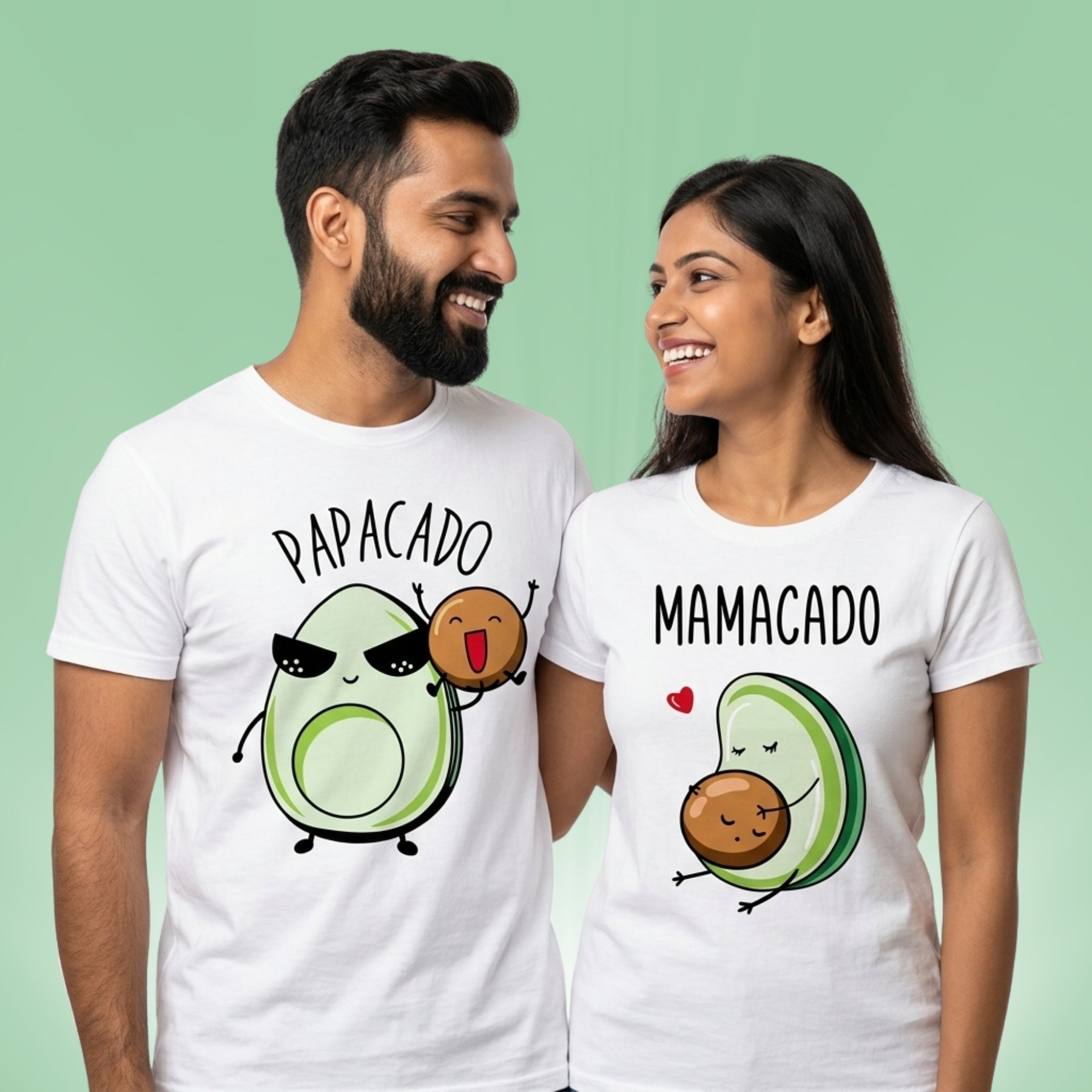 Mamacado Papacado baby announcement couple t-shirts — Indian couple standing together in white matching tees