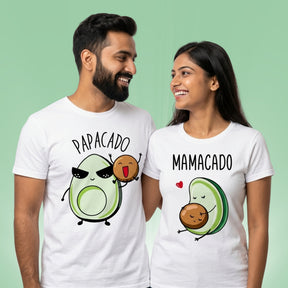 Mamacado Papacado baby announcement couple t-shirts — Indian couple standing together in white matching tees