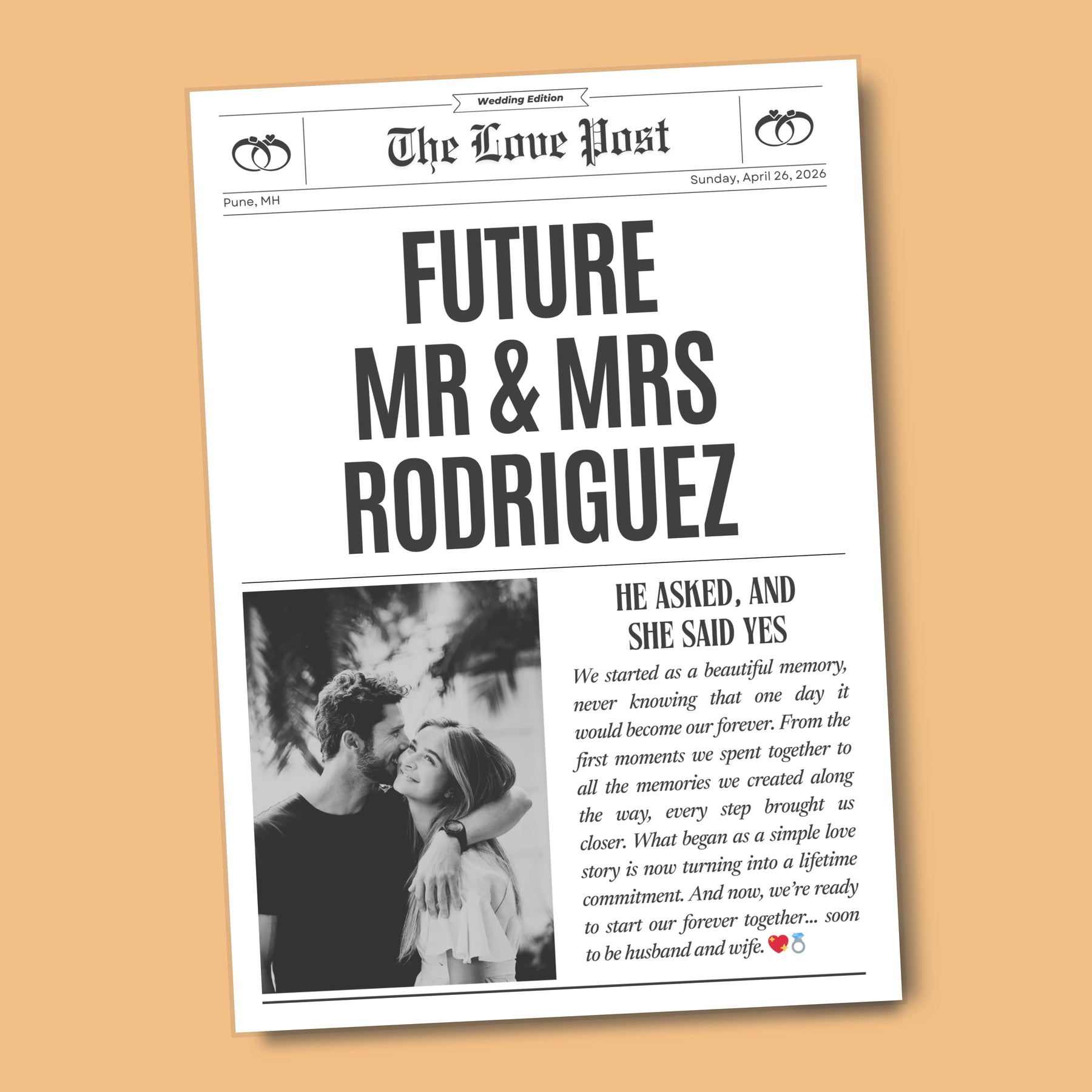 Personalised Wedding Newspaper Custom Wedding Announcement Prop Front