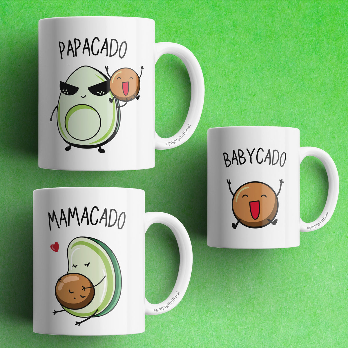 Mamacado Papacado Babycado avocado mug set of 3 for pregnancy photoshoot and baby shower gift