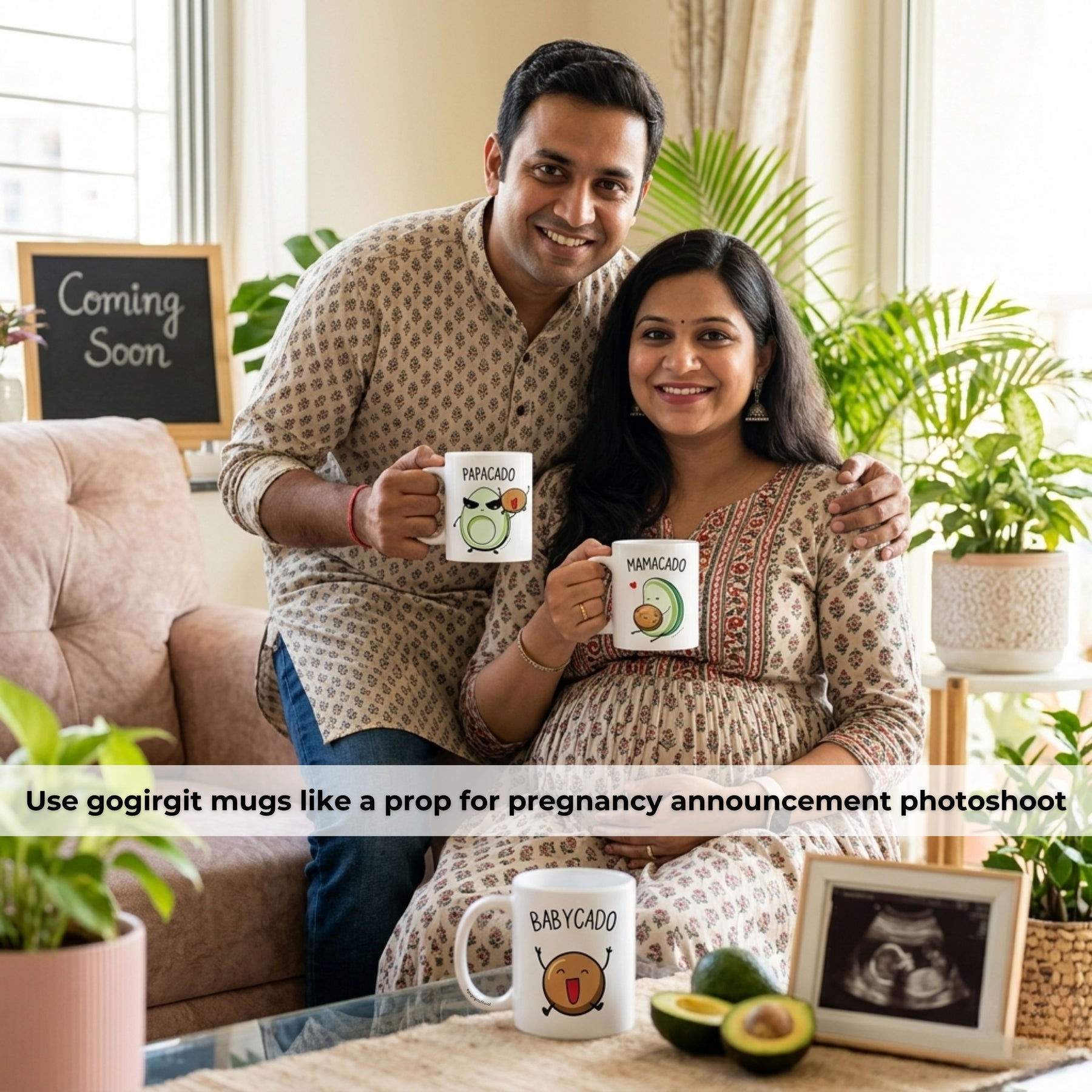Pregnancy announcement couple holding Mamacado and Papacado mugs with Babycado mug and ultrasound frame