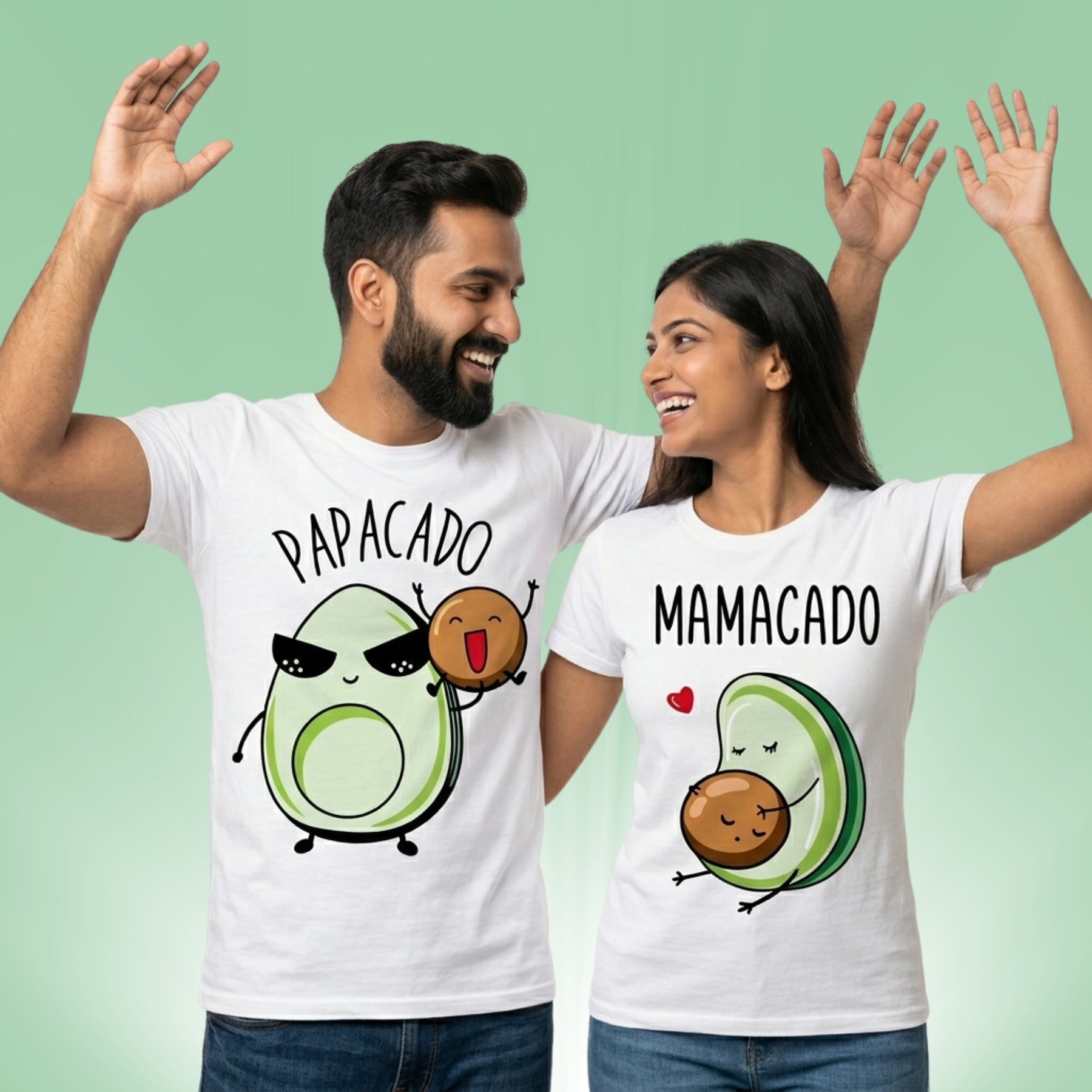 Mamacado Papacado couple t-shirts — excited Indian couple celebrating pregnancy announcement in white avocado tees