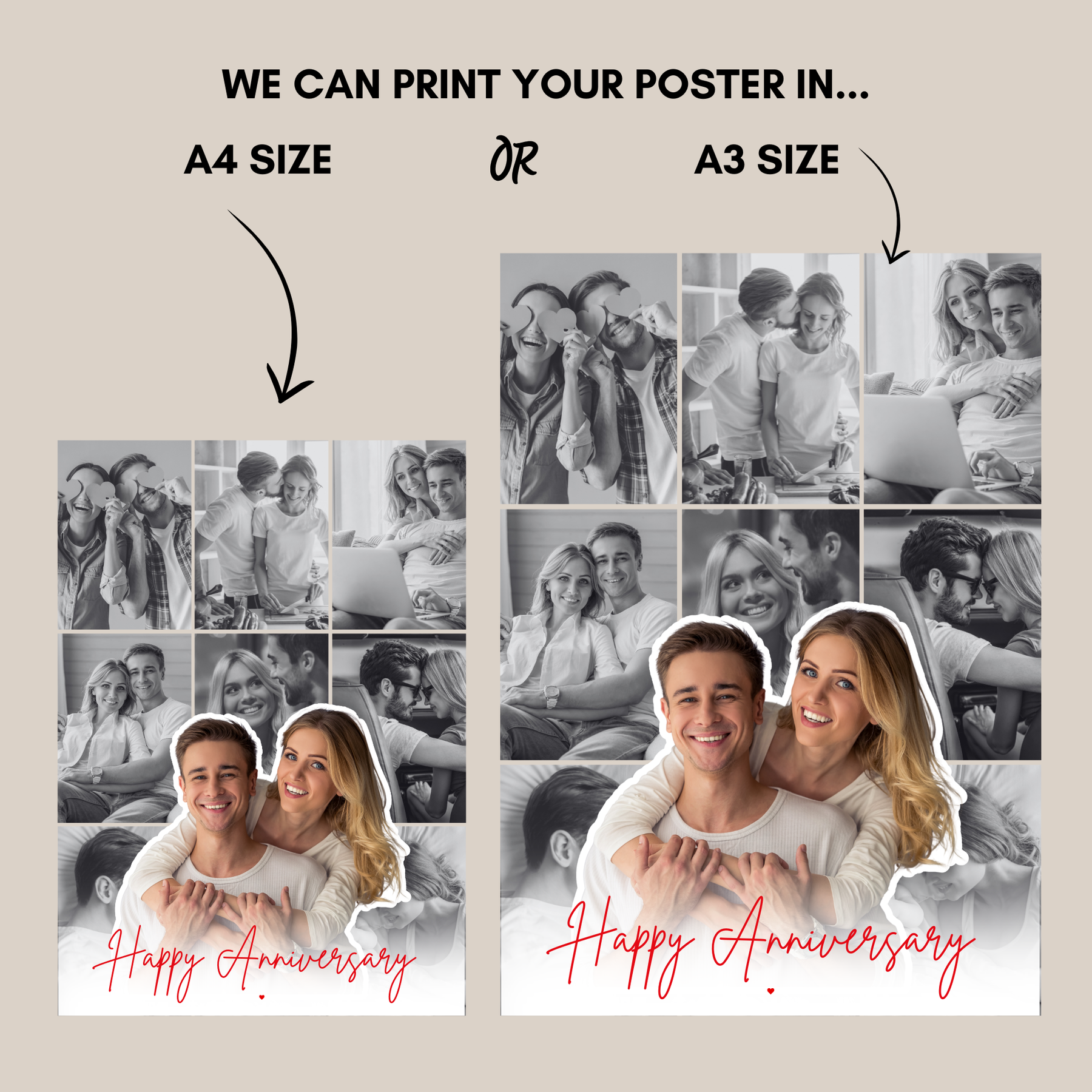 Photo collage poster available in A4 and A3 size comparison