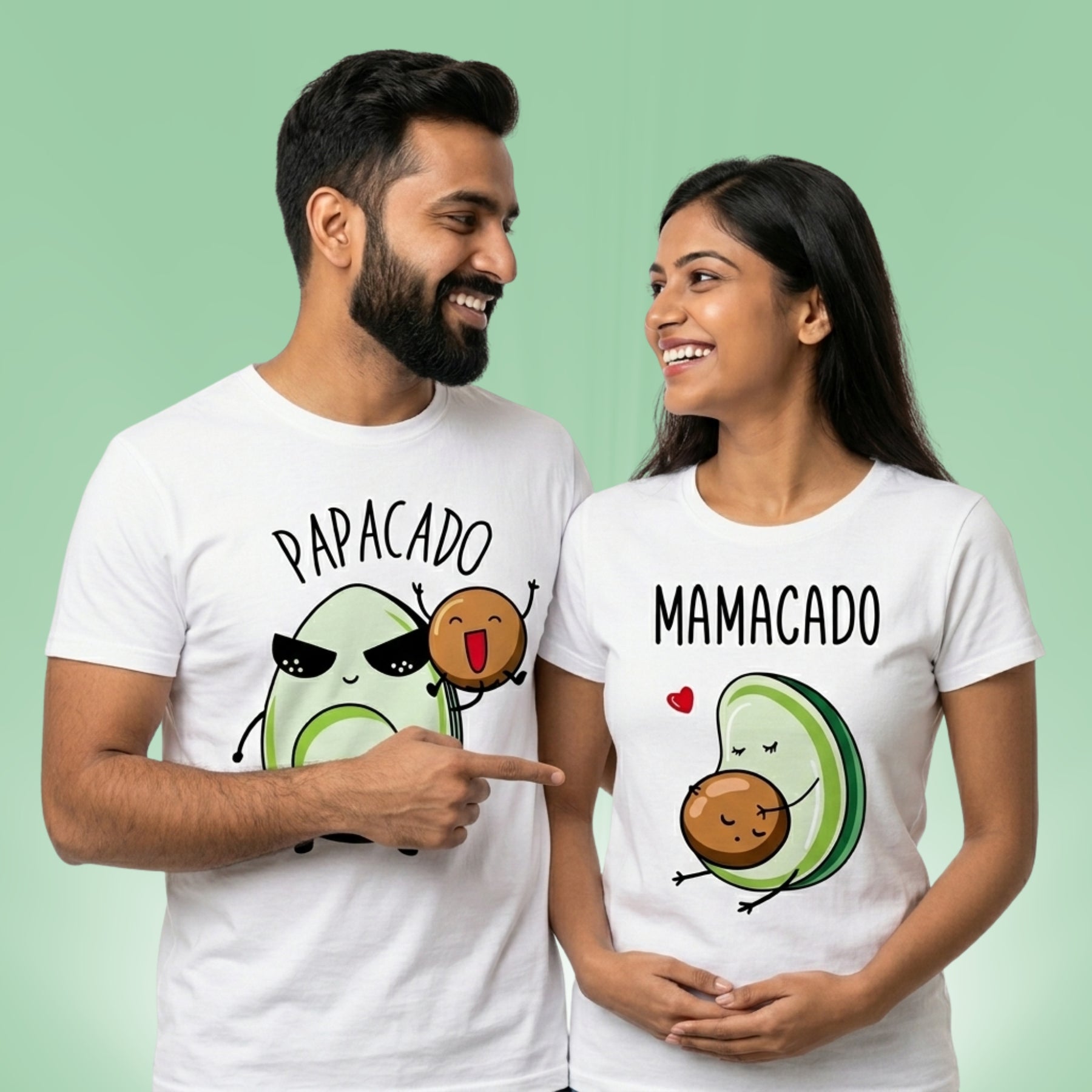 Mamacado Papacado baby announcement t-shirts — Indian couple with baby bump in matching white couple tees