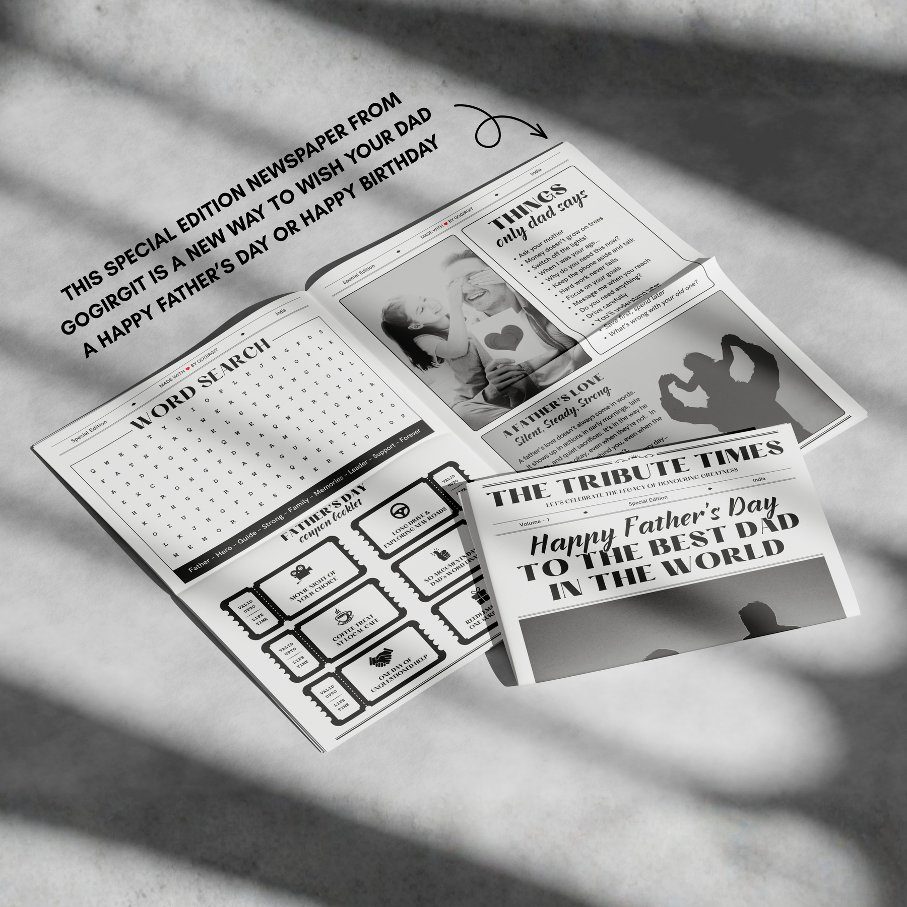 The Tribute Times Father's Day newspaper 4 pages flat lay 1 — Gogirgit