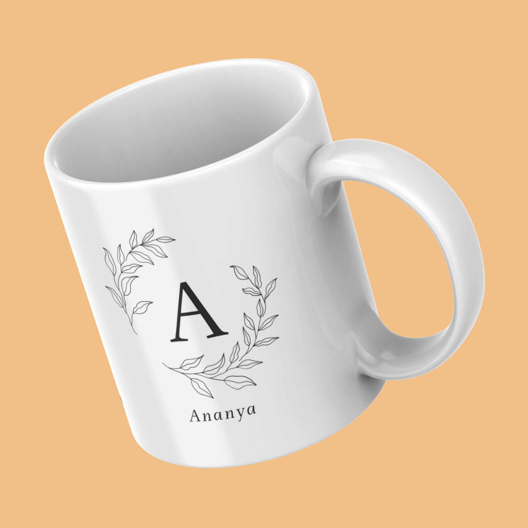 Wreath-And-Initial-Personalized-Coffee-Mug-Tilted-View
