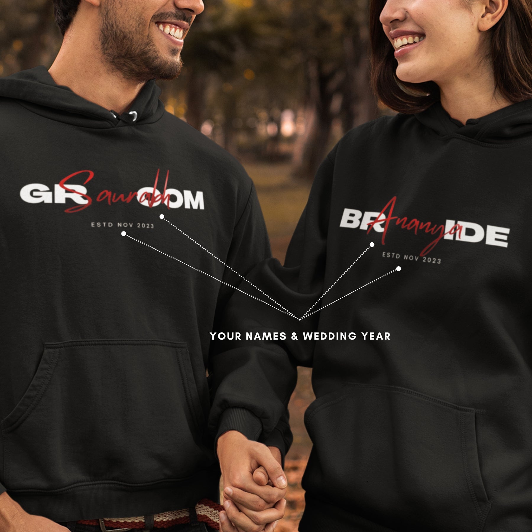 Bride-Groom-Personalised-Name-and-Wedding-Date-Pair-Of-Hoodies-for-Couples-gogirgit-closeup