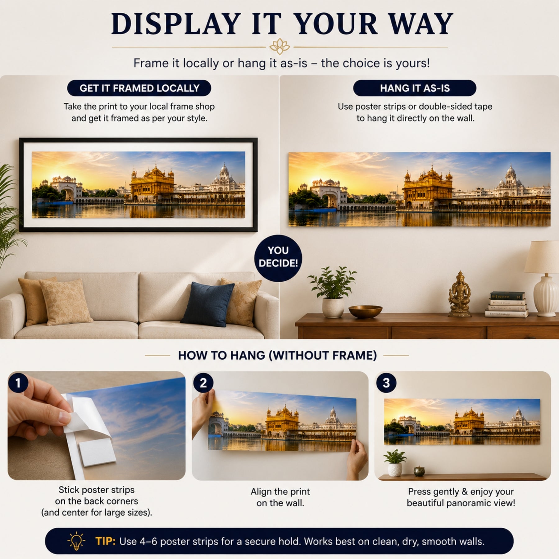 Step by step guide to hang Golden Temple poster without a fram