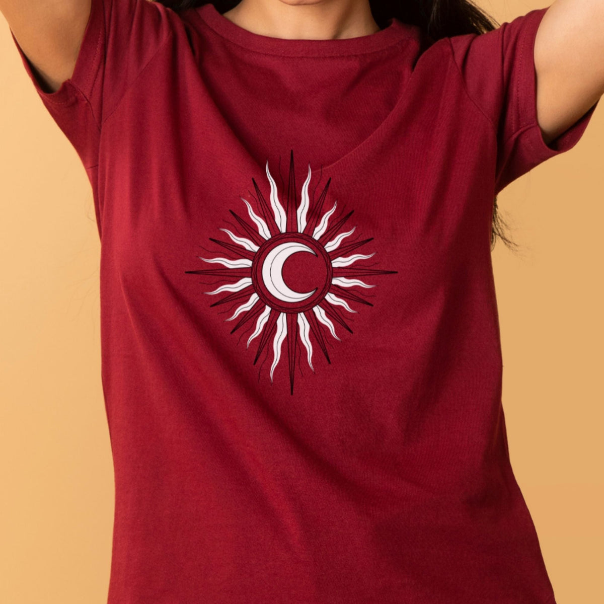 Printed-premium-cotton-women-s-round-neck-sun-moon-maroon-half-sleeve-t-shirt-gogirgit