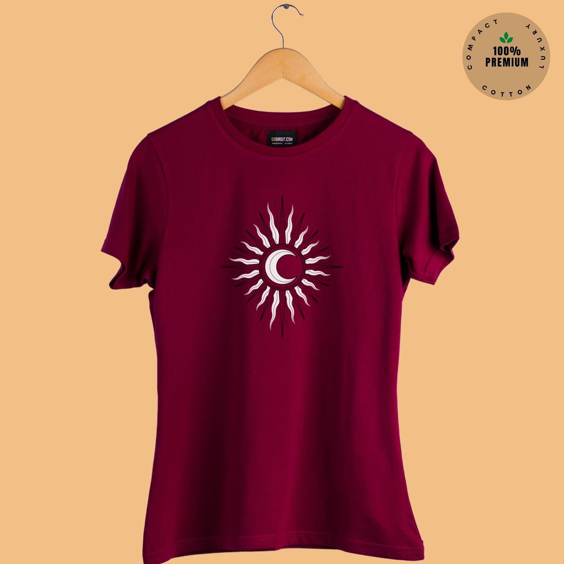 Printed-premium-cotton-women-s-round-neck-sun-moon-maroon-half-sleeve-t-shirt-gogirgit