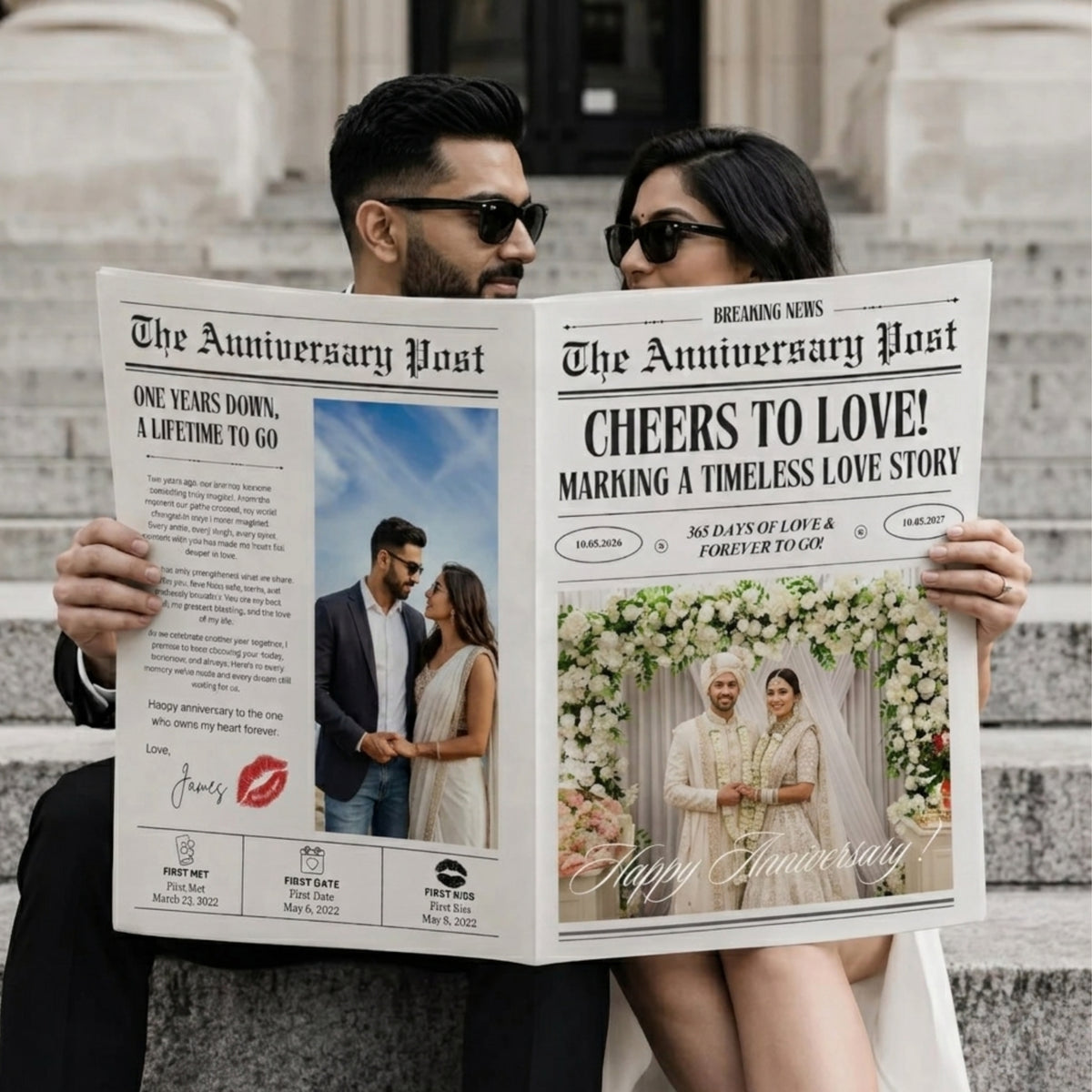 Indian couple holding The Anniversary Post personalised newspaper 4 page A3 anniversary gift — Gogirgit