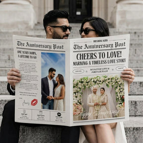 Indian couple holding The Anniversary Post personalised newspaper 4 page A3 anniversary gift — Gogirgit