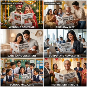 Custom newspaper printing use cases — wedding souvenir, birthday gift, baby announcement, corporate newsletter, school magazine, retirement tribute — Gogirgit India