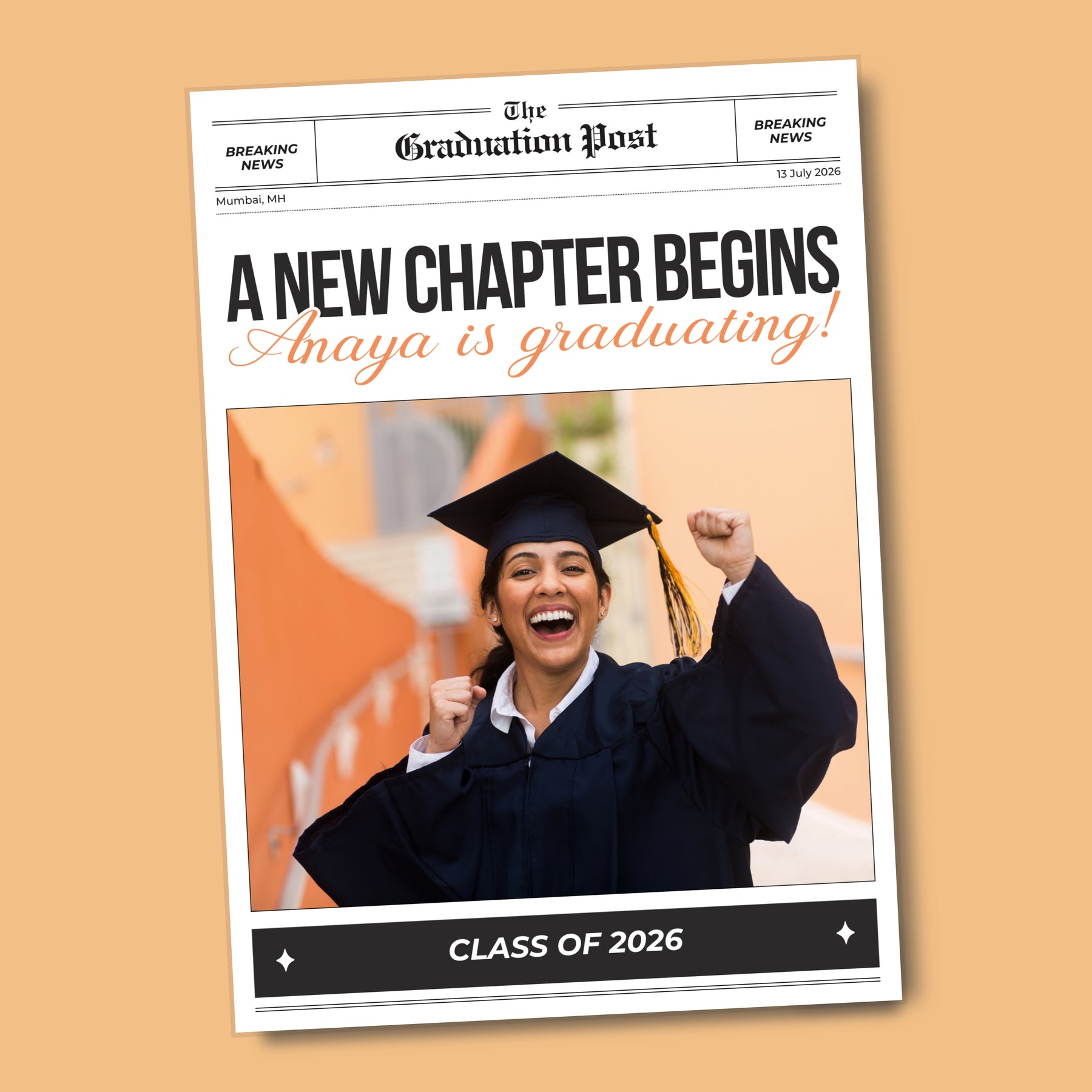 Graduation-themed newspaper with your photo name and custom message