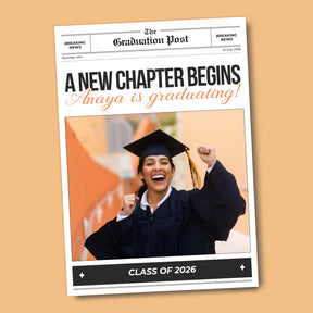 Graduation-themed newspaper with your photo name and custom message