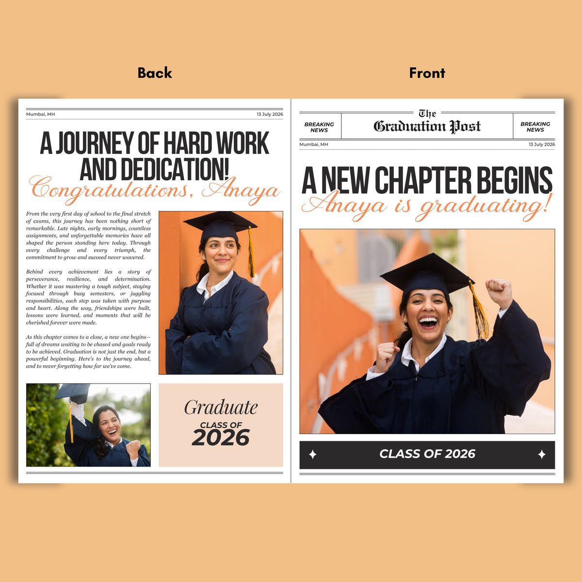 Graduation-themed newspaper design with front and back pages