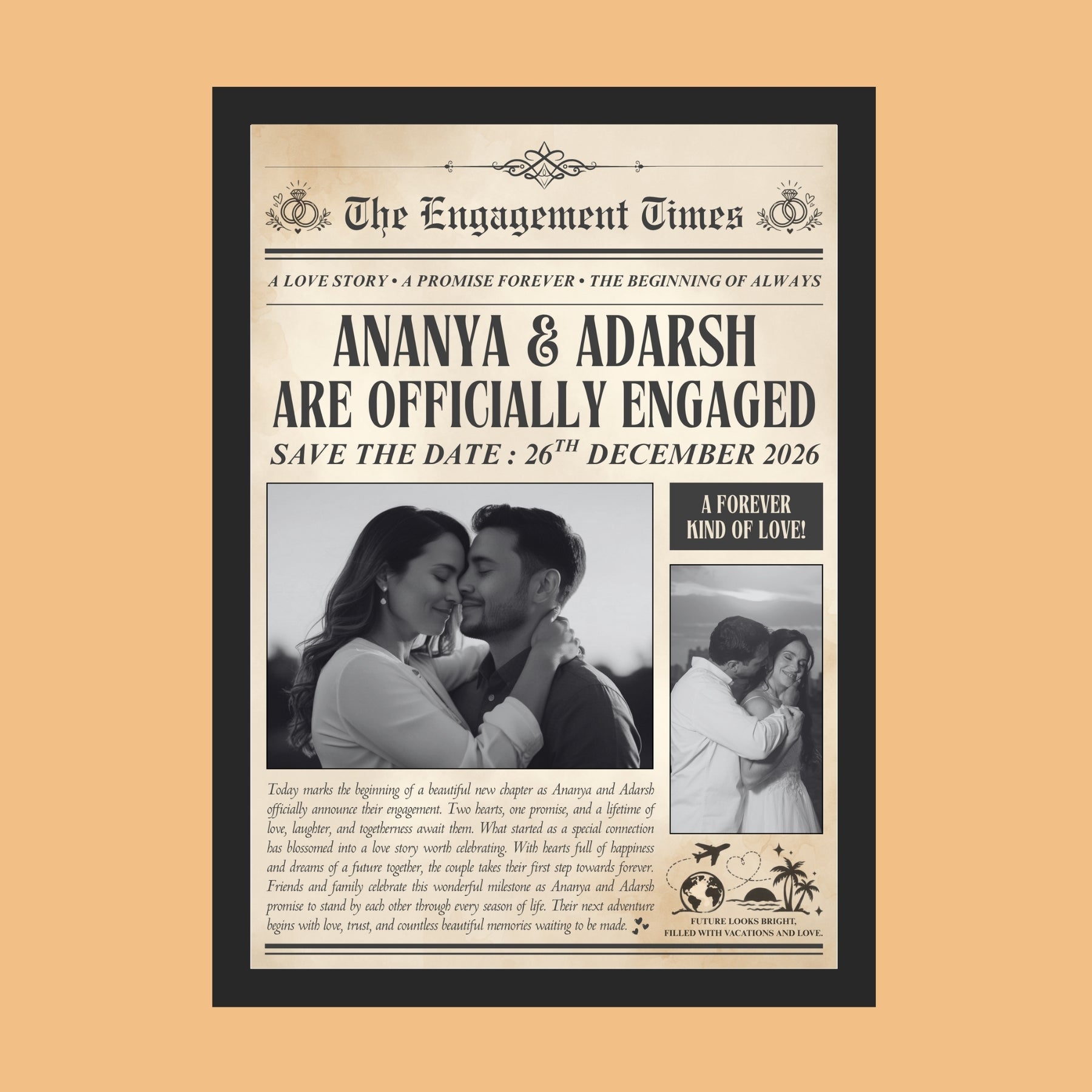 Personalised engagement newspaper frame The Engagement Times