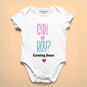Girl or Boy Coming Soon romper bodysuit pregnancy announcement photoshoot prop — Gogirgit