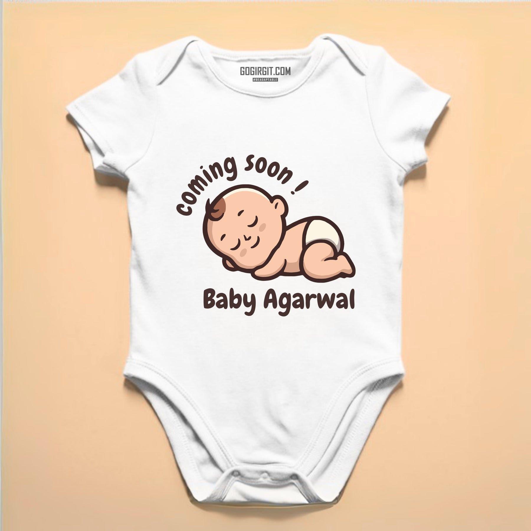 Personalised Coming Soon Baby surname romper bodysuit with cute baby illustration — Gogirgit