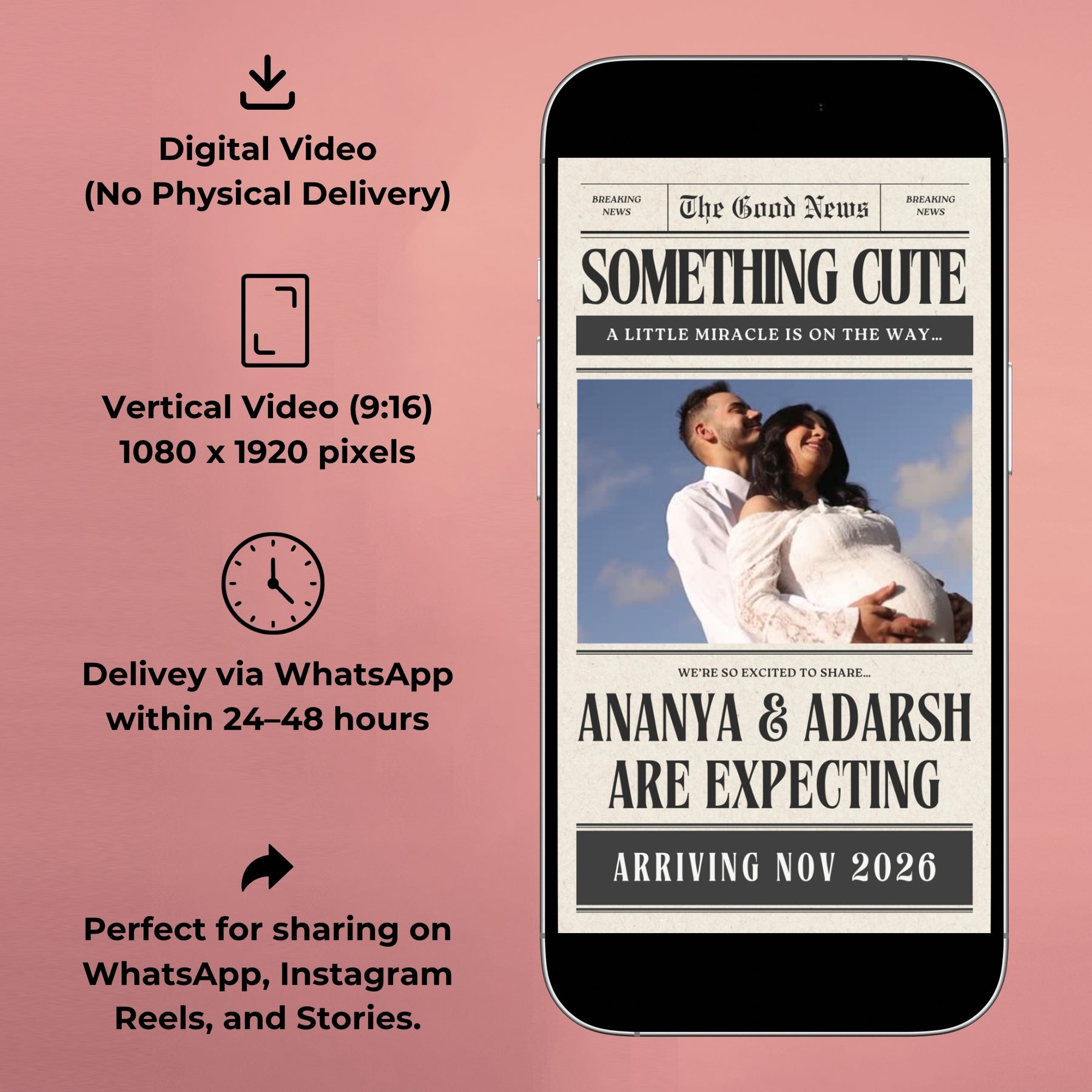 Personalised Baby Coming Soon Announcement Video | Newspaper Style (Digital Delivery)