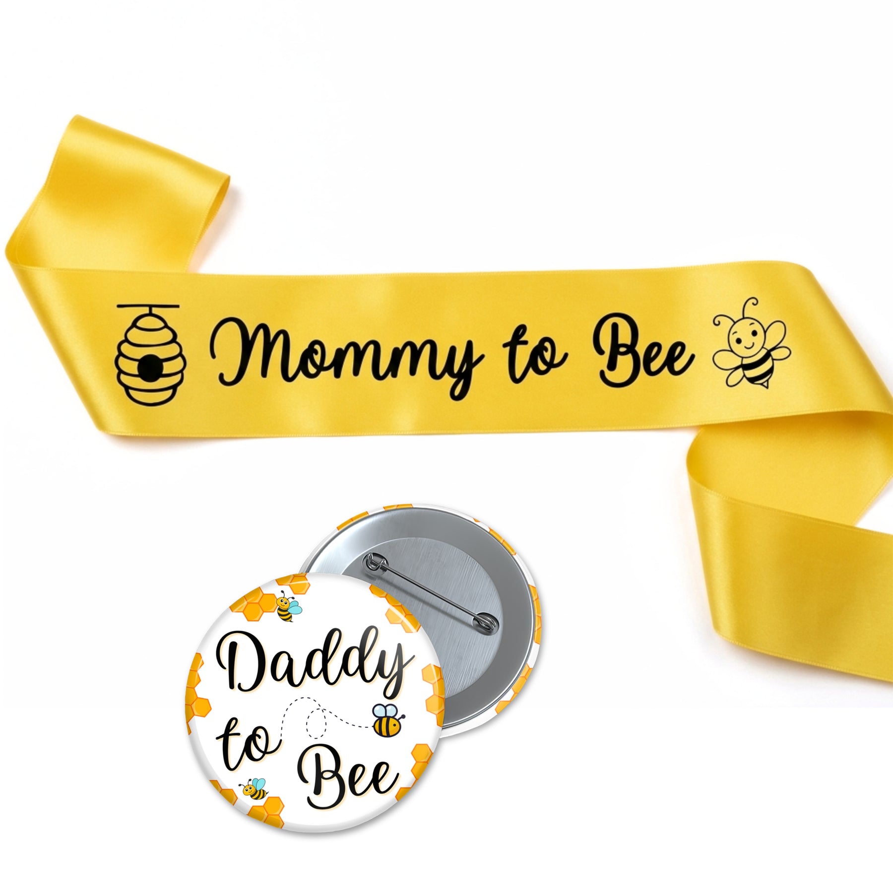 Mommy to Bee yellow satin sash with Daddy to Bee 58mm pin back badge closeup — Gogirgit