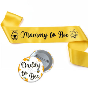 Mommy to Bee yellow satin sash with Daddy to Bee 58mm pin back badge closeup — Gogirgit