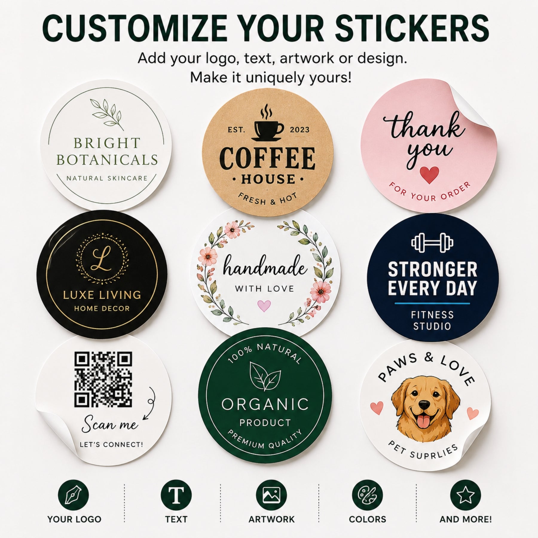 Custom round stickers personalised with logos, text, illustrations and different designs