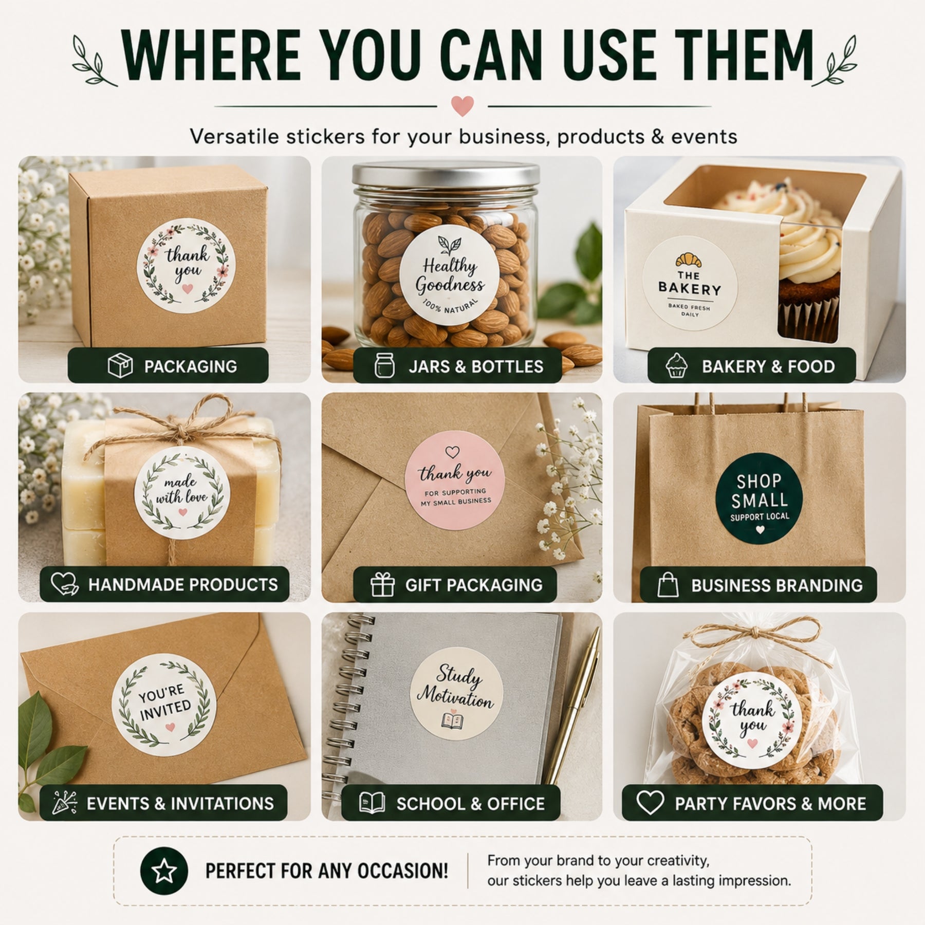 Custom round stickers shown on product packaging, jars, boxes and other surfaces for branding and labelling